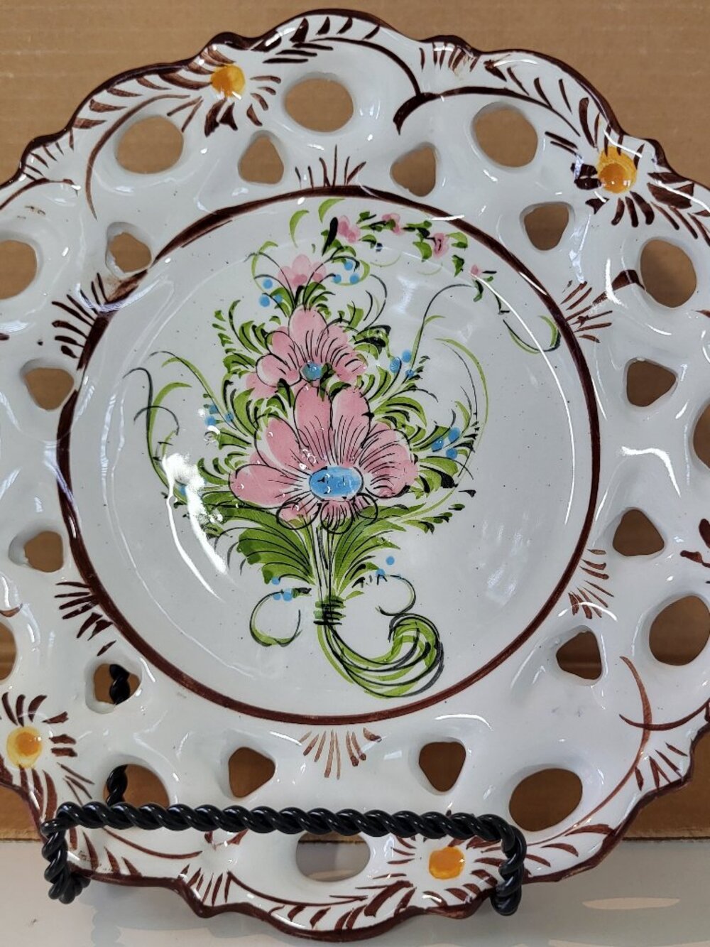 Vintage Vestal Alcobaca Portugal Reticulated Plate Hand Painted Floral 7.5”